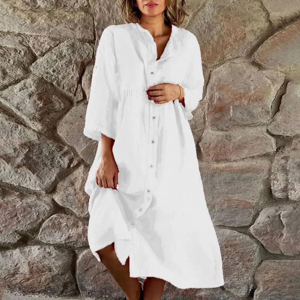 Vestido Cecília em Linho de Algodão com Botões Frontais / Elegância Tropical com Leveza e Sofisticação! Compre 1 e Leve 2