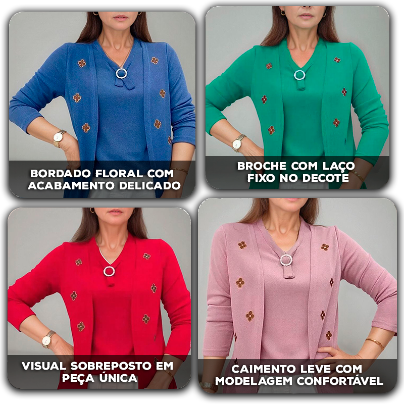 Blusinha Cardigan Luísa com Efeito Sobreposto e Aplique Floral / Elegância para Mulheres de Bom Gosto! Compre 1 e Leve 2
