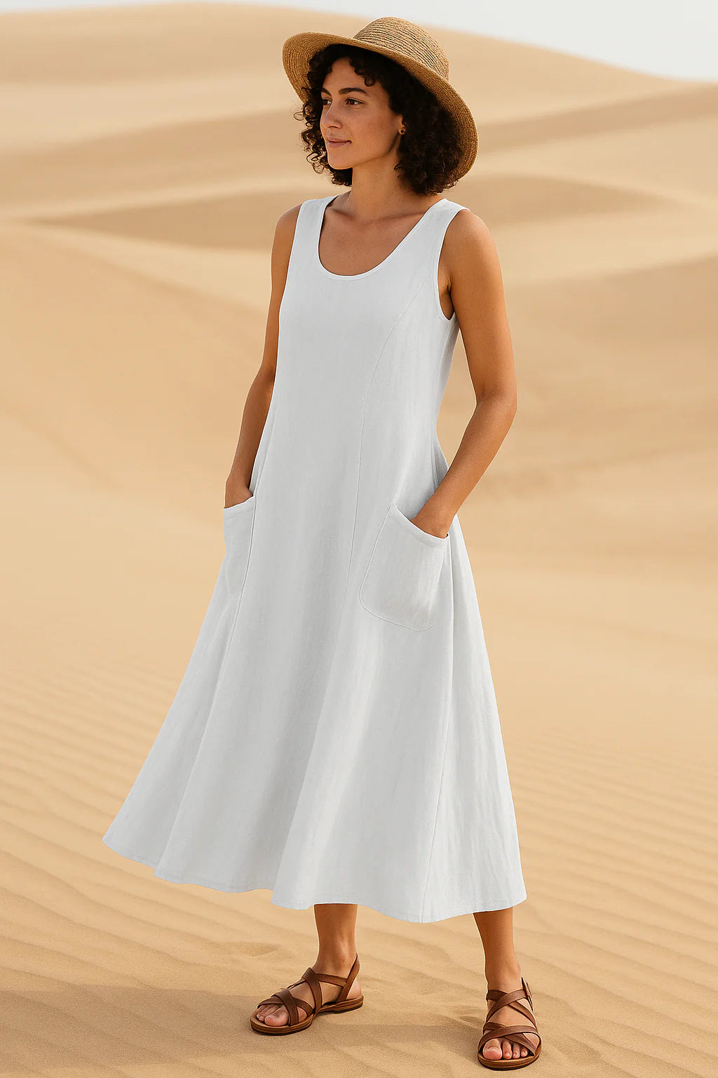 Vestido Helena Midi sem Mangas e Bolsos Frontais - Frete Grátis