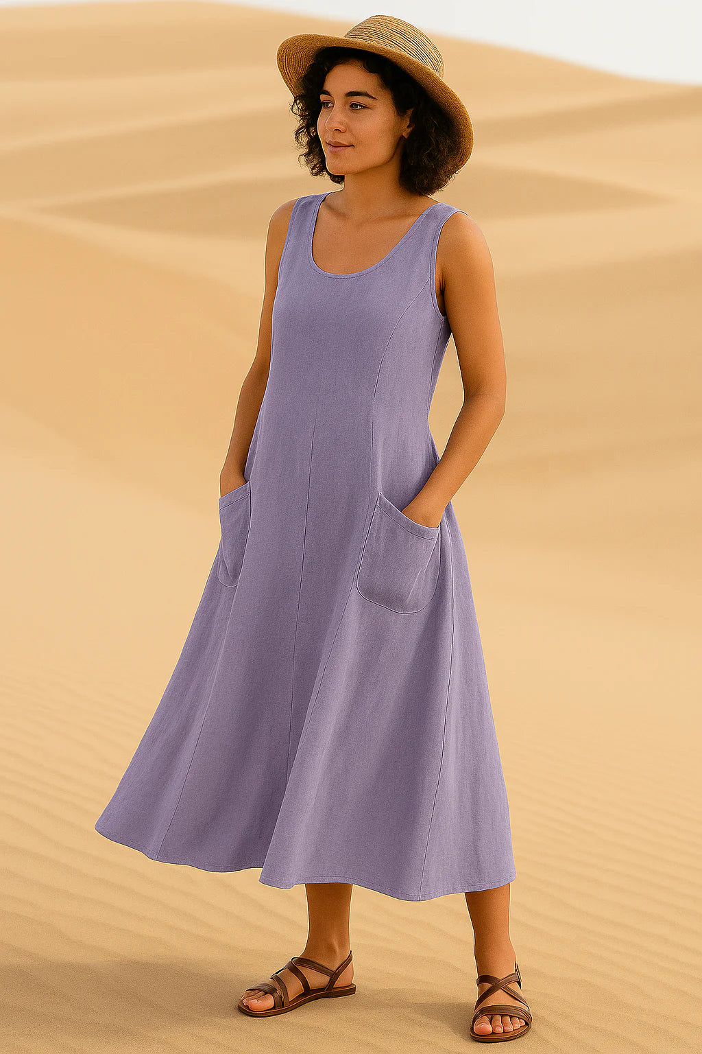 Vestido Helena Midi sem Mangas e Bolsos Frontais - Frete Grátis