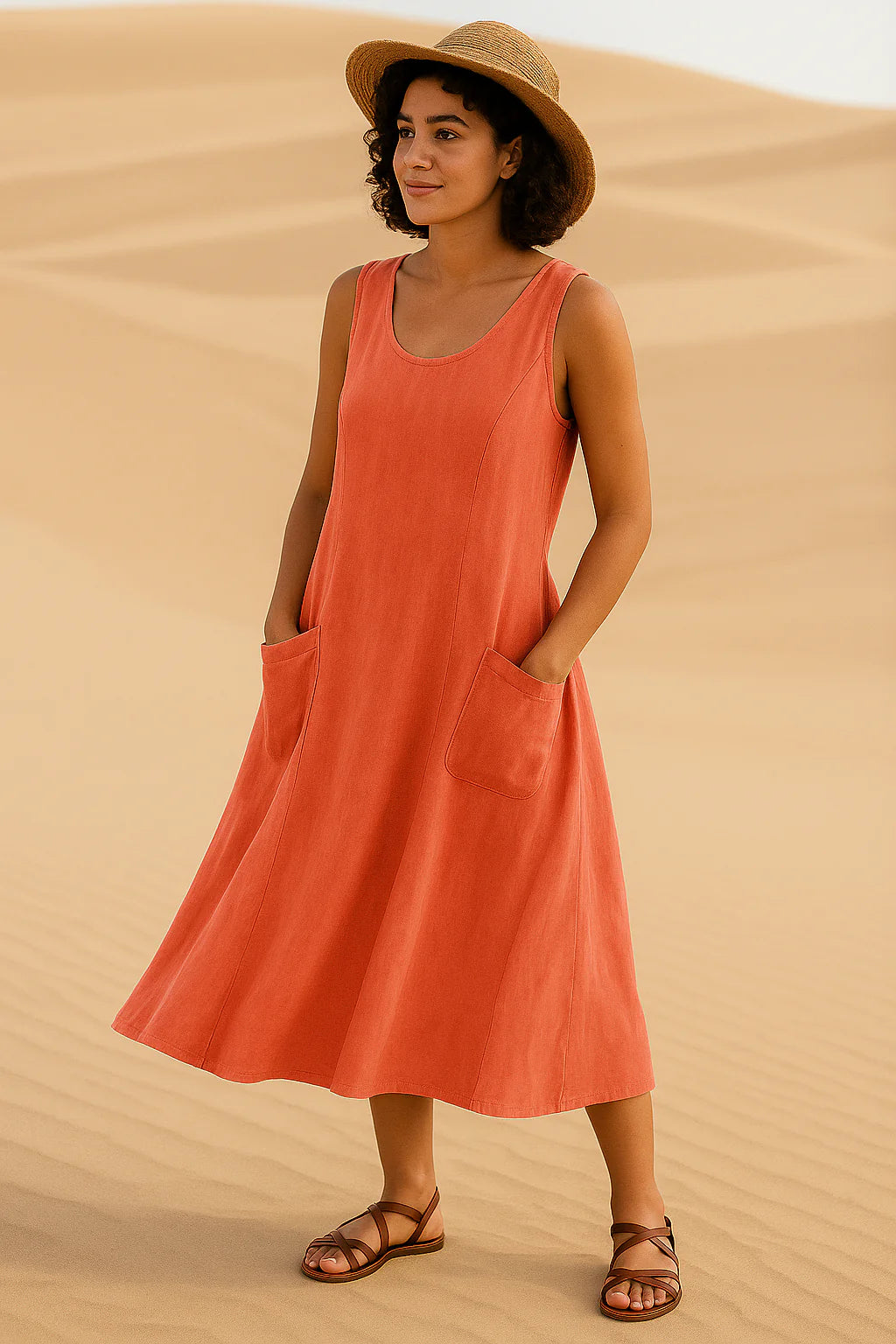 Vestido Helena Midi sem Mangas e Bolsos Frontais - Frete Grátis