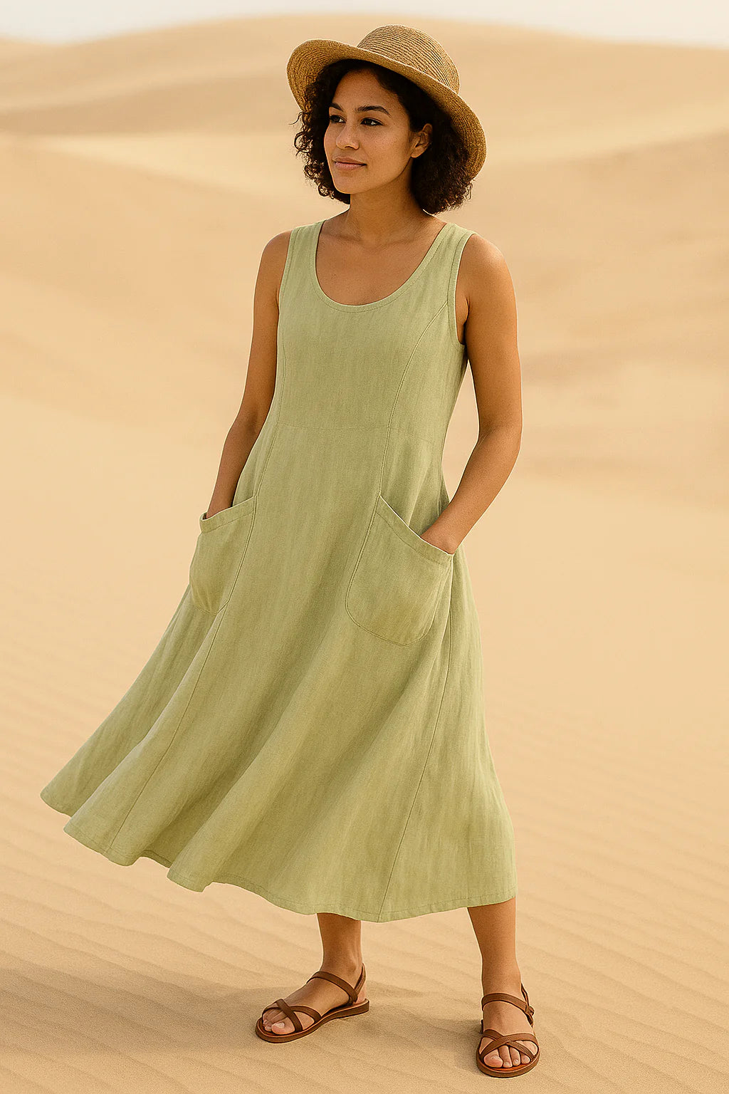Vestido Helena Midi sem Mangas e Bolsos Frontais - Frete Grátis