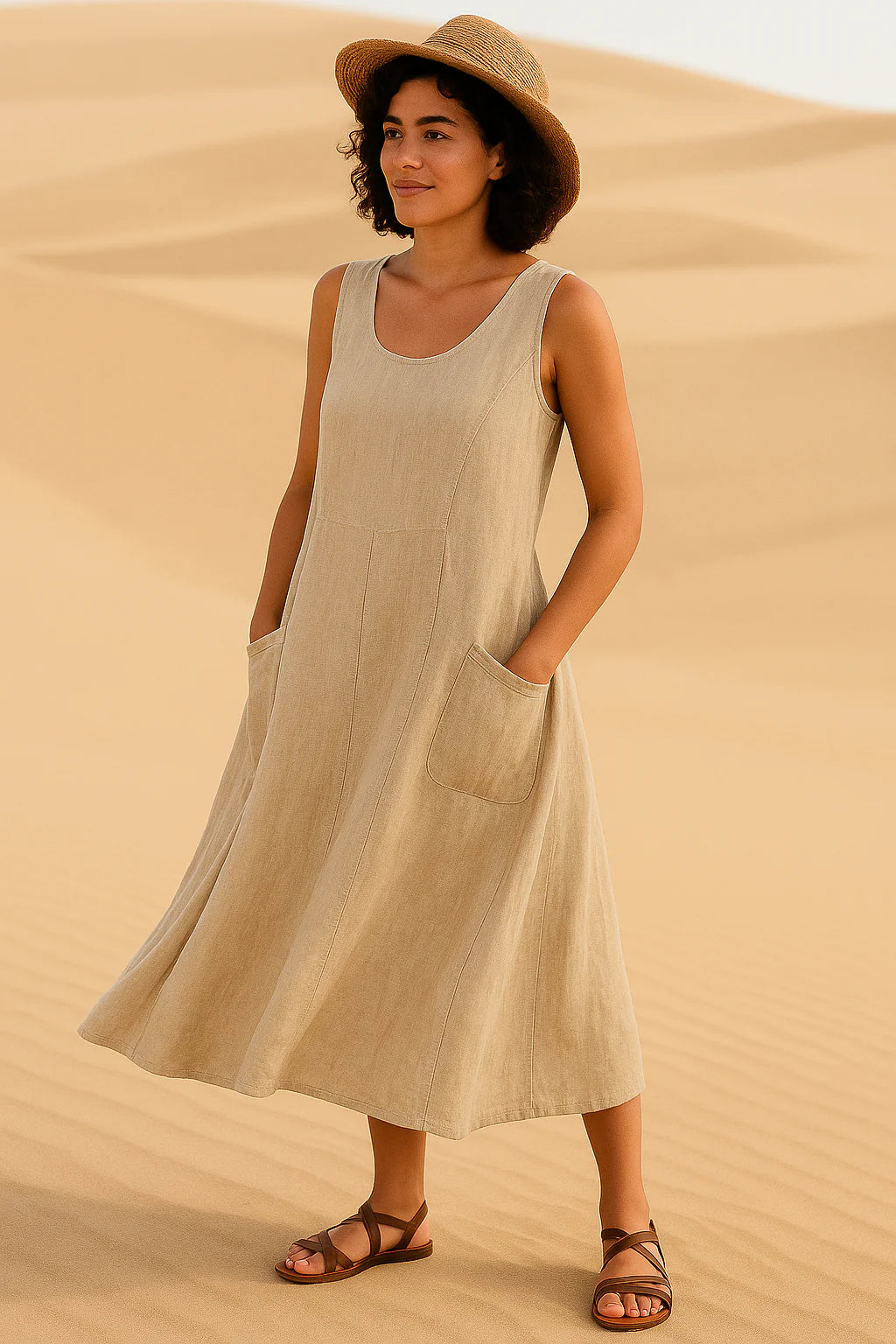 Vestido Helena Midi sem Mangas e Bolsos Frontais - Frete Grátis