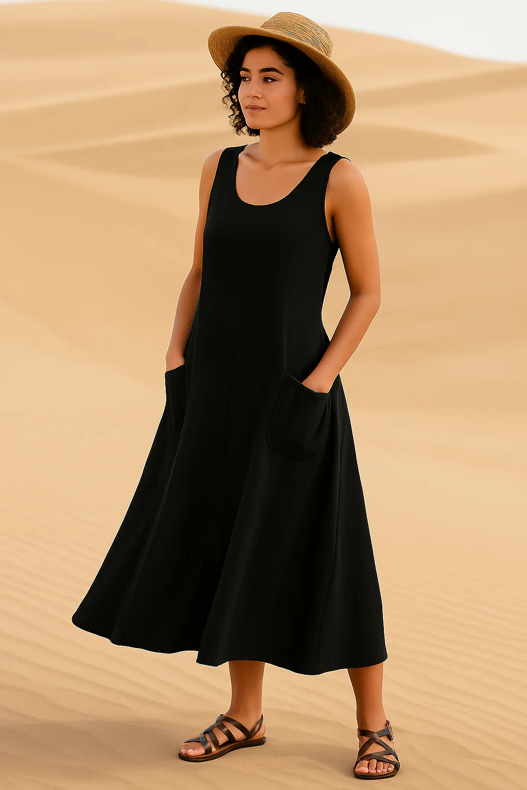 Vestido Helena Midi sem Mangas e Bolsos Frontais - Frete Grátis