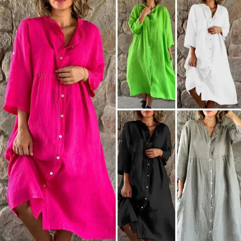 Vestido Cecília em Linho de Algodão com Botões Frontais / Elegância Tropical com Leveza e Sofisticação! Compre 1 e Leve 2