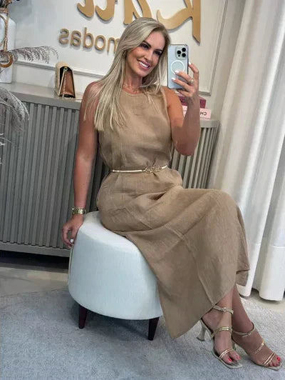 Vestido Midi Luísa em Linho- Elegância em cada Detalhe + Frete Grátis