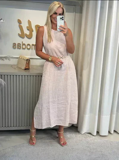Vestido Midi Luísa em Linho- Elegância em cada Detalhe + Frete Grátis