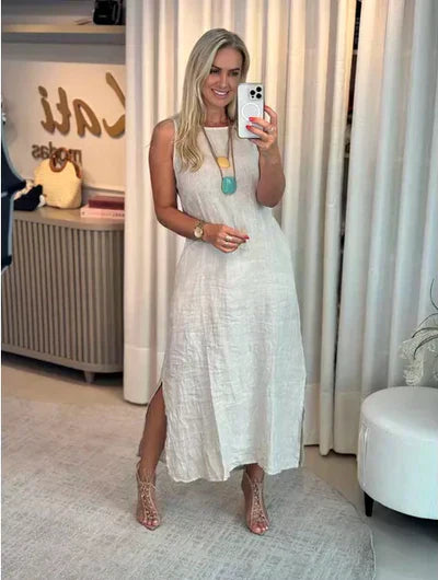 Vestido Midi Luísa em Linho- Elegância em cada Detalhe + Frete Grátis