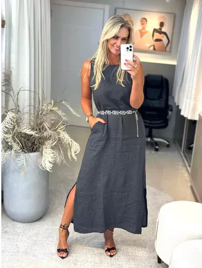 Vestido Midi Luísa em Linho- Elegância em cada Detalhe + Frete Grátis